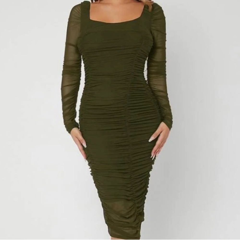 SHEIN army green Ruched Mesh Bodycon Dress